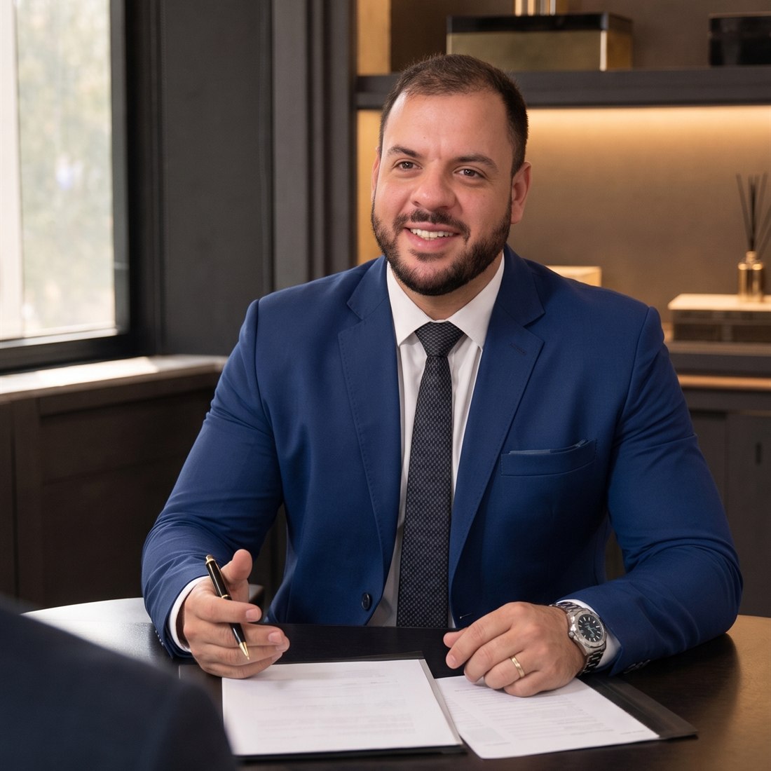 Arthur Chelles em reunião, explicando uma questão jurídica a um cliente